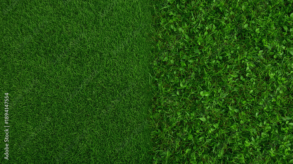Obraz premium Split view of a lawn showing cut and uncut grass, ideal for landscaping and gardening themes.