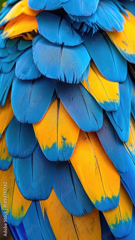Fototapeta premium Close-up texture of vibrant blue and yellow macaw feathers.