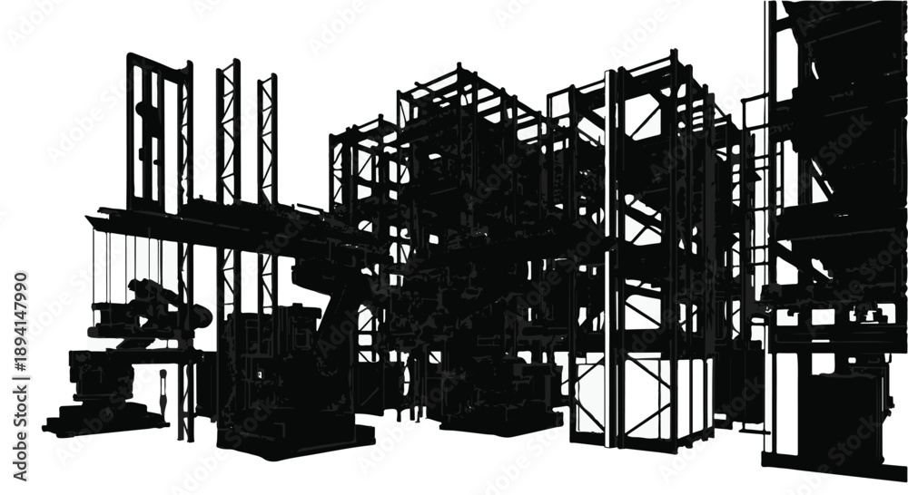 Obraz premium Industrial construction site with machinery and structures in black silhouette on white background for business and engineering concepts