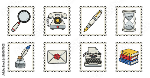 Hand Drawn Retro Communication and Writing Postage Stamp Set for Vintage Scrapbooking and Journaling Projects