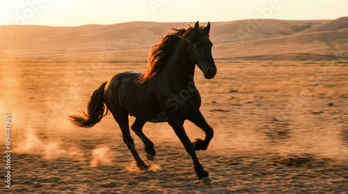 Schwarzes Friesenpferd galoppiert im Sonnenuntergang durch die staubige Steppe.