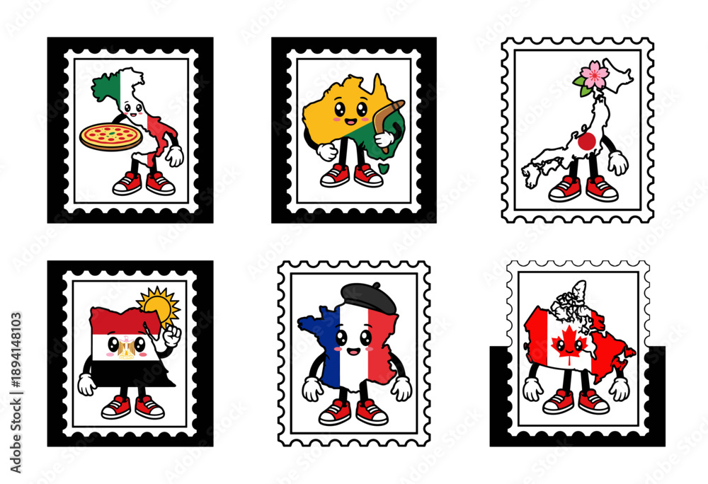 Fototapeta premium Kawaii Cartoon Map Character Postage Stamp Asset Collection for International Travel Scrapbooking