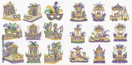 Set of Mardi Gras carnival floats and masks with feathers in purple, gold, and green colors.