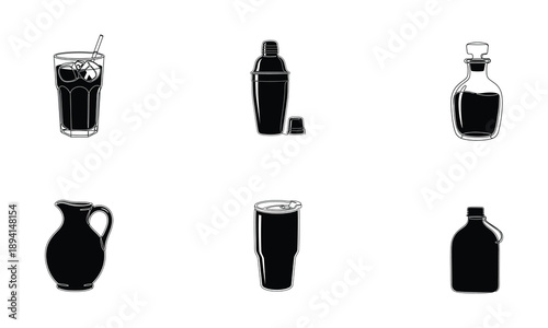 Monochrome Icons: Cocktail Shaker, Glasses, and Drink Containers