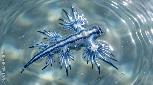 Seltene Blaue Ozeanschnecke (Glaucus Atlanticus) schwimmt an der Wasseroberfläche im Sonnenlicht.