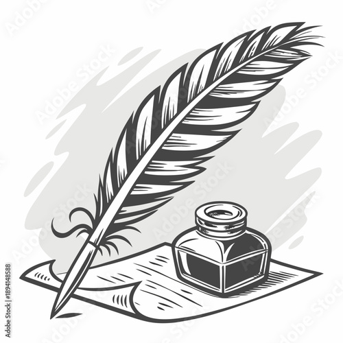 feather quill, ink bottle, parchment paper, detailed line art, vintage style, black and white, intricate, woodcut, engraving
