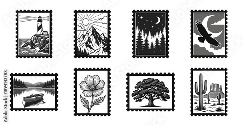 Vintage Linocut Nature Landscape Postage Stamp Collection for Scannable Scrapbooking and Stationery