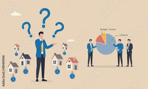 House mortgage meeting teams boulder uphill mountain peak affordability calculation, picking home base on budget, income lifestyle concept, businessman wisely think to picking different variant tag