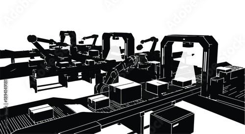 Industrial robotic arms working on conveyor belt with boxes in modern factory warehouse setting with automation technology