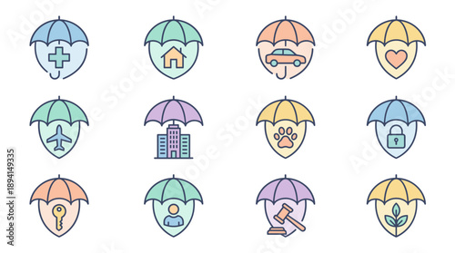 Comprehensive Vector Icon Set of Insurance Services with Umbrella and Shield Symbols in Flat Design Pastel Colors for Health, Home, Auto, Life, Travel, Business, Pet, Security, and Legal Coverage