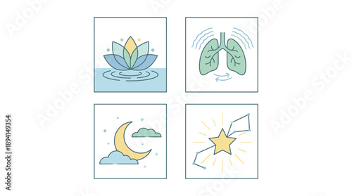 Vector Illustration Set of Four Wellness and Mental Health Icons Featuring a Lotus Flower for Meditation, Lungs for Breathing Exercises, Moon and Stars for Sleep, and a Shining Star for Clarity