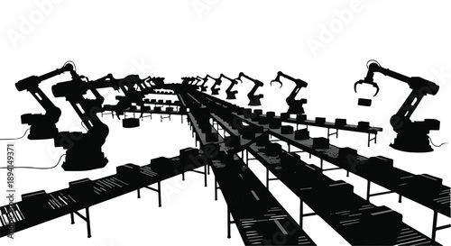 Industrial robotic arms assembling products on conveyor belt in factory production line with modern manufacturing technology