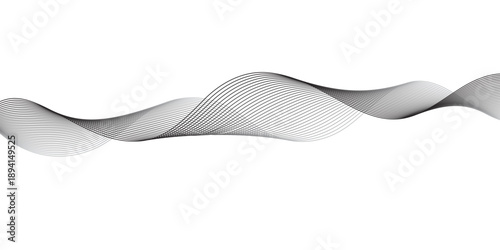 Modern abstract flowing wave line design featuring thin parallel black curves with gradient fade effects, forming a smooth sound wave and digital motion pattern on a white background.