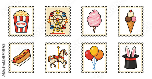 Flat Vector Carnival Amusement Park Postage Stamp Set for Fairground Event Stationery and Scrapbooking