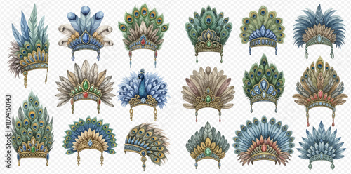 Set of watercolor illustrations of peacock feather headdresses and crowns, perfect for cultural and festive designs.
