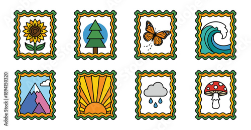 Retro Nature and Outdoor Elements Postage Stamp Collection for Scannable Scrapbooking and Botanical Stationery Aesthetic