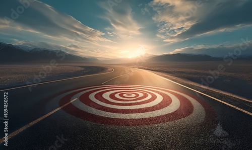 Winding road leading to a distant target symbol on the horizon representing the business journey and the strategic efforts and perseverance needed to achieve success in a competitive industry.