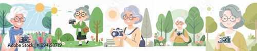 grandma photographer in the park in a simple and minimalist flat design vector style