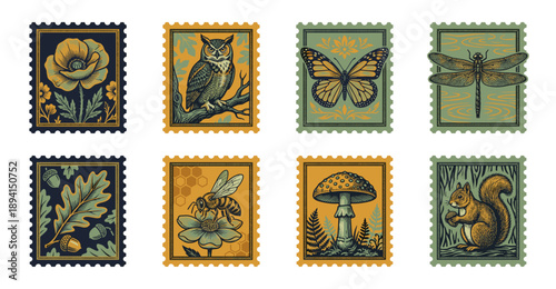 Vintage Linocut Nature Illustration Postage Stamp Set for Botanical Scrapbooking and Woodland Stationery