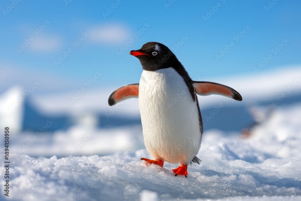 Fototapeta premium Gentoo Penguin on Icy Snowy Landscape in Arctic Environment