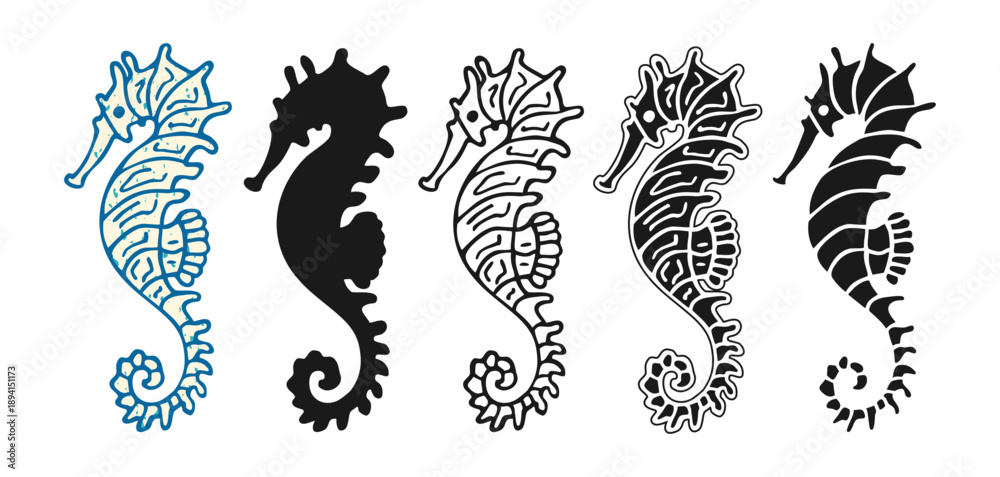 Naklejka premium Seahorse underwater animal vector illustration set in hand drawn styles detailed vintage engraving, grunge line art and bold black silhouette. Graceful ocean sea horse underwater marine cartoon mood