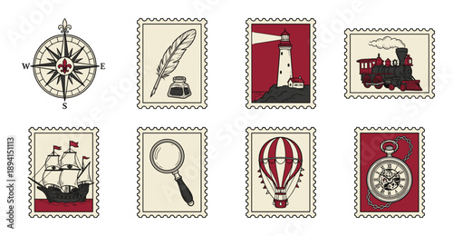 Vintage Hand Drawn Nautical and Exploration Postage Stamp Set for Travel Scrapbooking