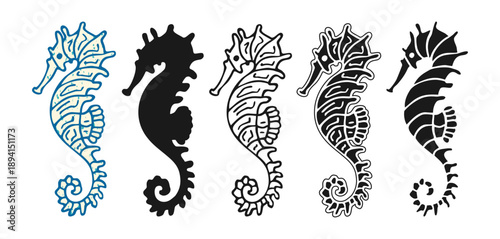 Seahorse underwater animal vector illustration set in hand drawn styles detailed vintage engraving, grunge line art and bold black silhouette. Graceful ocean sea horse underwater marine cartoon mood