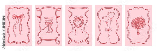 Vintage wedding hand drawn whimsical vertical greeting card templates playful doodle elements. Romantic frames bow balloons, bouquet champagne, heart symbol of love. Elegant ink sketch line vector art