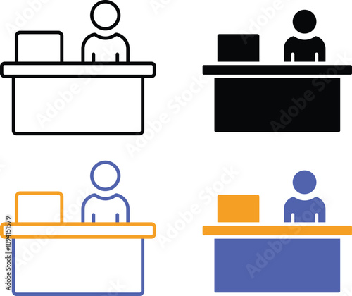 Professional Office Workspace Receptionist Desk Customer Service Information Counter and Business Communication Vector Silhouette Pictogram and Line Icon Set.eps