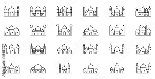 Mosque outline icons collection for architectural design elements and islamic religious festival decoration