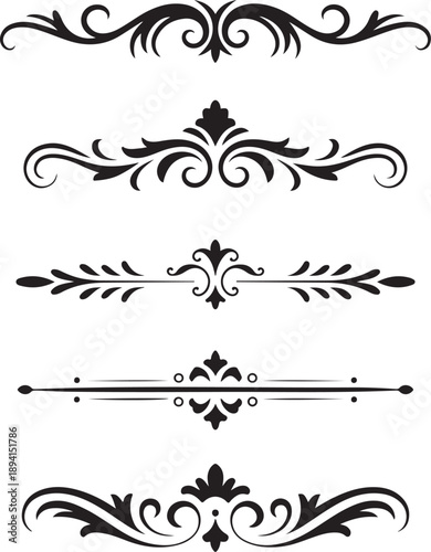 Collection of five elegant black scroll elements for page division on a clean white background