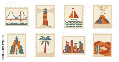 Minimalist Retro Geometric Landscape Postage Stamp Set for Travel Branding and Scanned Ephemera Aesthetic