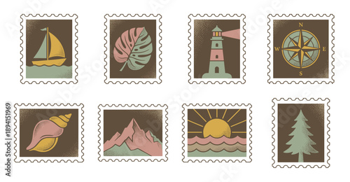 Retro Textured Nature and Nautical Postage Stamp Collection for Summer Travel Scrapbooking