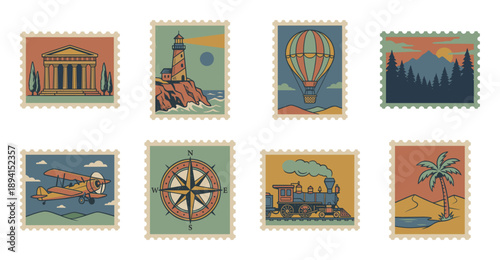 Vintage Aesthetic Retro Adventure Travel Postage Stamp Collection for Scrapbooking and Stationery Design