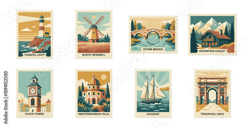 Retro Flat Vector Architecture Landscape Postage Stamp Collection for Travel Stationery and Scrapbooking Assets