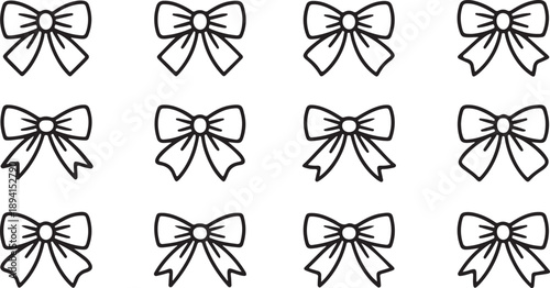 Several simple outlined black ribbon bows appear neatly arranged on a clean white background