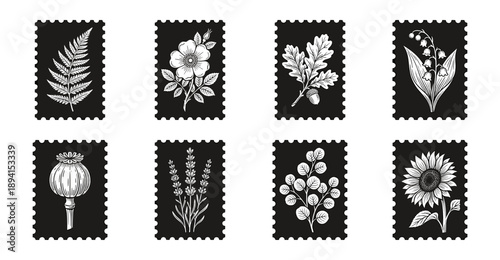 Linocut Style Vintage Botanical Postage Stamp Collection for Handcrafted Stationery and Scrapbooking Designs