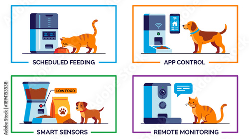 Flat vector illustration set of four scenes featuring smart automated pet feeders with scheduled feeding, mobile app control, low food sensors, and remote monitoring for cats and dogs.