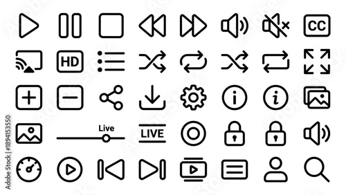 Minimalist Vector Line Icon Set for Video Streaming Interface Controls featuring Play, Pause, Stop, Rewind, Fast Forward, Volume, Mute, Subtitles, Cast, HD, Playlist, Shuffle, Repeat, and Full Screen