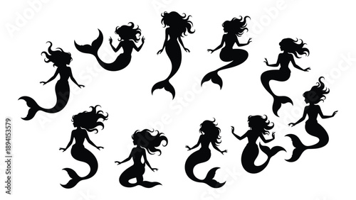 Silhouettes of nine mermaids in various poses Vector