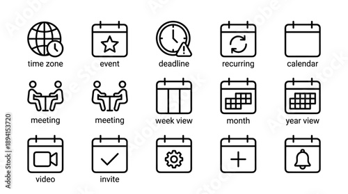 Professional Vector Thin Line Icon Set for UI UX Design Featuring Calendar, Time Zone, Event, Deadline, Recurring, Meeting, Week View, Month, Year View, Video Call, Invite, Settings, and Alerts.