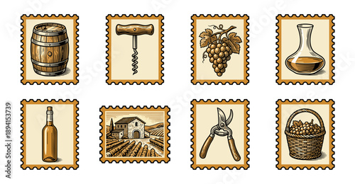 Vintage Hand-Drawn Vineyard Winemaking Postage Stamp Collection for Mediterranean Viticulture Branding