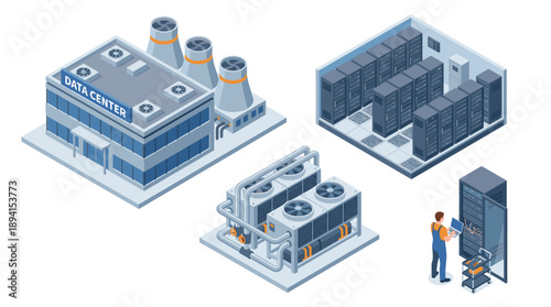 Isometric Vector Illustration of Data Center Infrastructure Featuring Server Room Racks, Industrial Cooling System Units, Building Exterior, and IT Technician Maintenance with Laptop and Tools