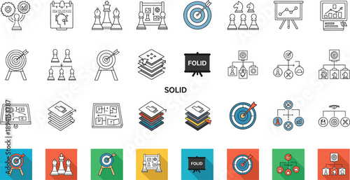 Business Strategy and Planning Icon Set with Target Goals, Chess Tactics, Analytics, Organization Charts, Research, Marketing, and Corporate Decision Making Concepts