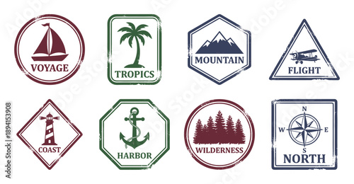 Vintage Textured Nautical and Outdoor Adventure Graphic Elements Set for Retro Travel Branding