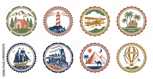 Vintage Adventure Travel Stamp Collection with Retro Transportation and Nautical Landscapes for Wanderlust Scrapbooking