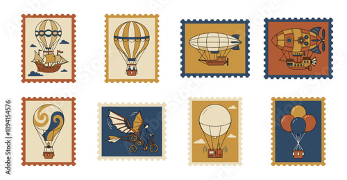 Vintage Steampunk Airship and Aerostat Postage Stamp Collection for Retro Travel Scrapbooking