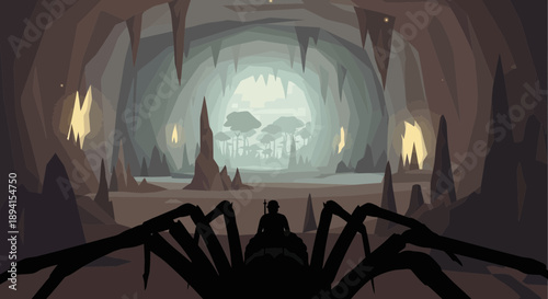 Mysterious Cave Entrance with Giant Spider Silhouette and Distant Landscape