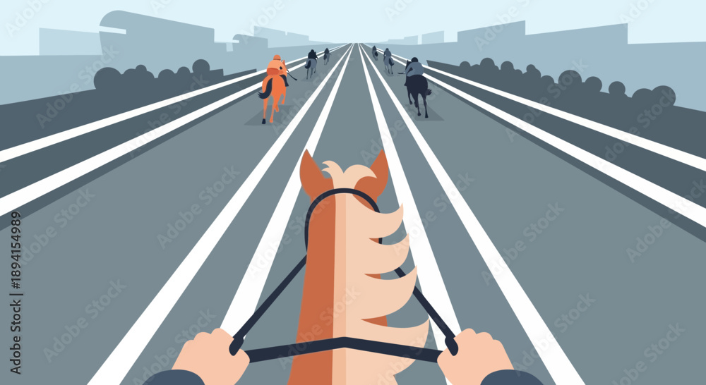 Fototapeta premium Horse Race on Highway: POV Perspective of Rider in Urban Race
