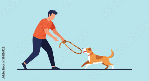 Man playing tug-of-war with dog on leash, flat vector illustration